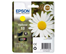 Epson T1804 gul blækpatron med marguerit på emballage, info om printerkompatibilitet og kapacitet synligt.