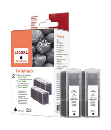 Lexmark 100 sort blækpatron 2-pak med to patroner ved siden af æske med jordbærmotiv og produktoplysninger.