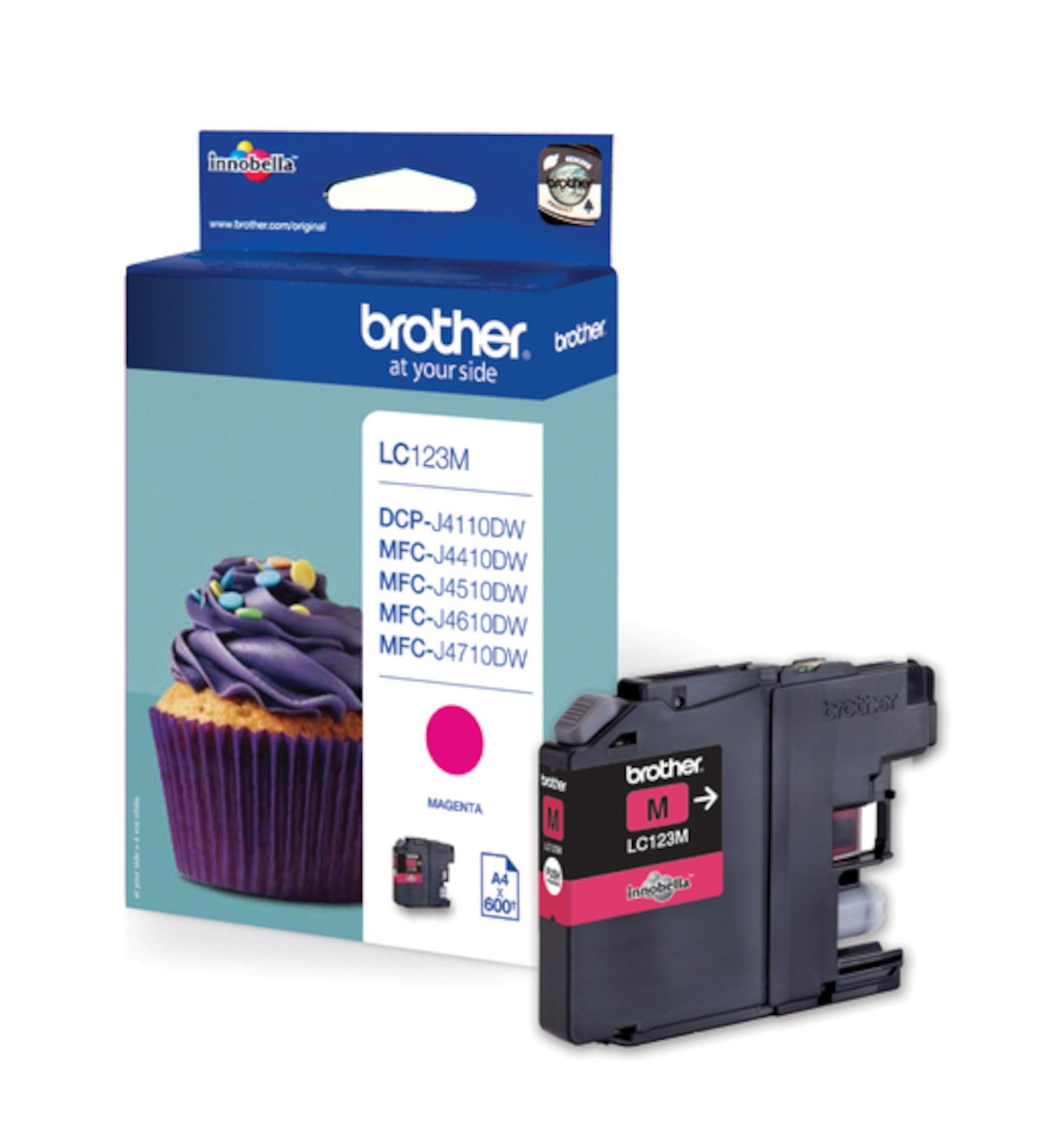 Brother LC123M magenta blækpatron i emballage med lilla cupcake, til DCP-J4110DW, MFC-J4410DW/J4510DW/J4610DW/J4710DW.