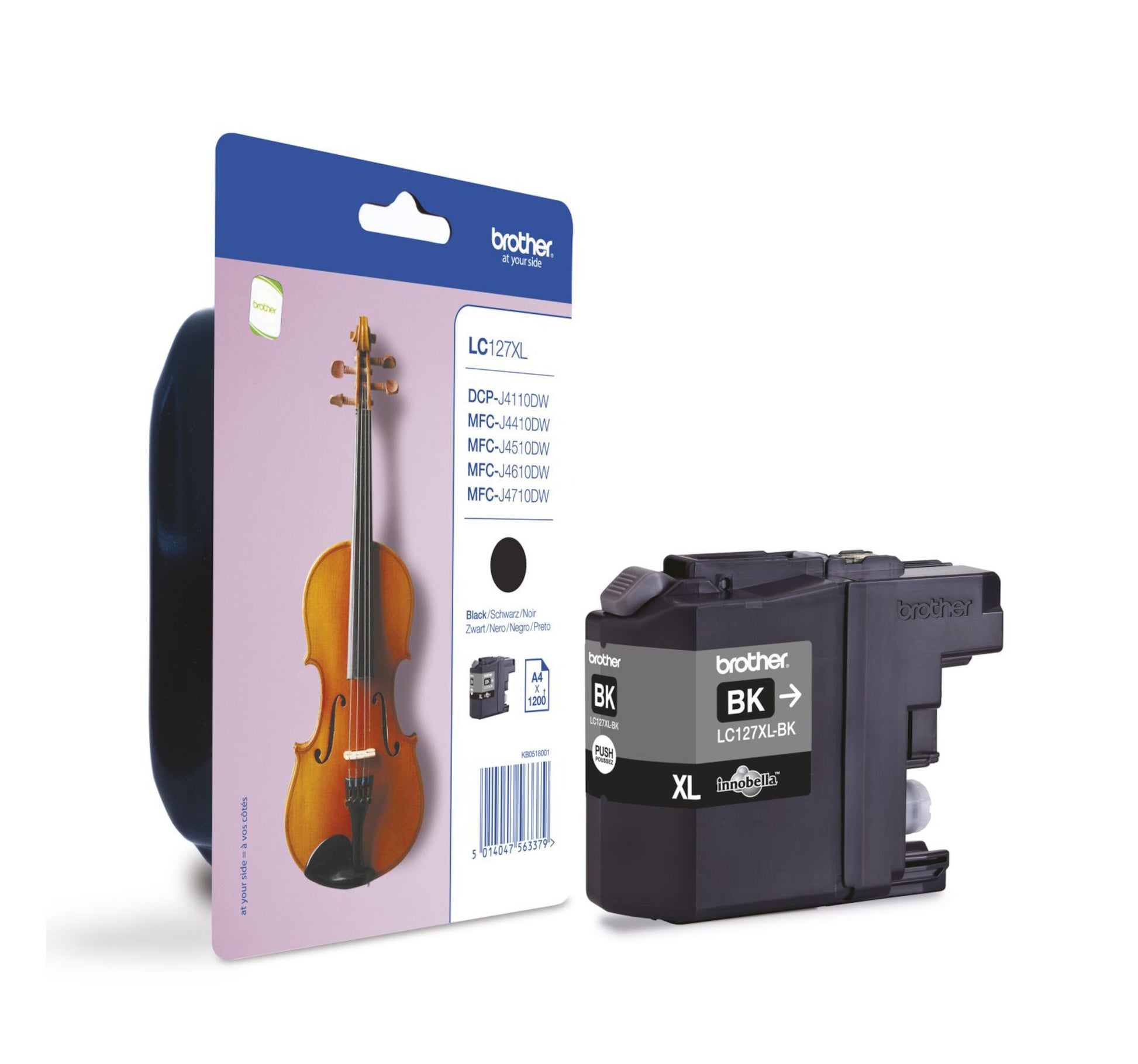 Brother LC127XLBK sort blækpatron ved siden af emballage med violinmotiv på blå baggrund.