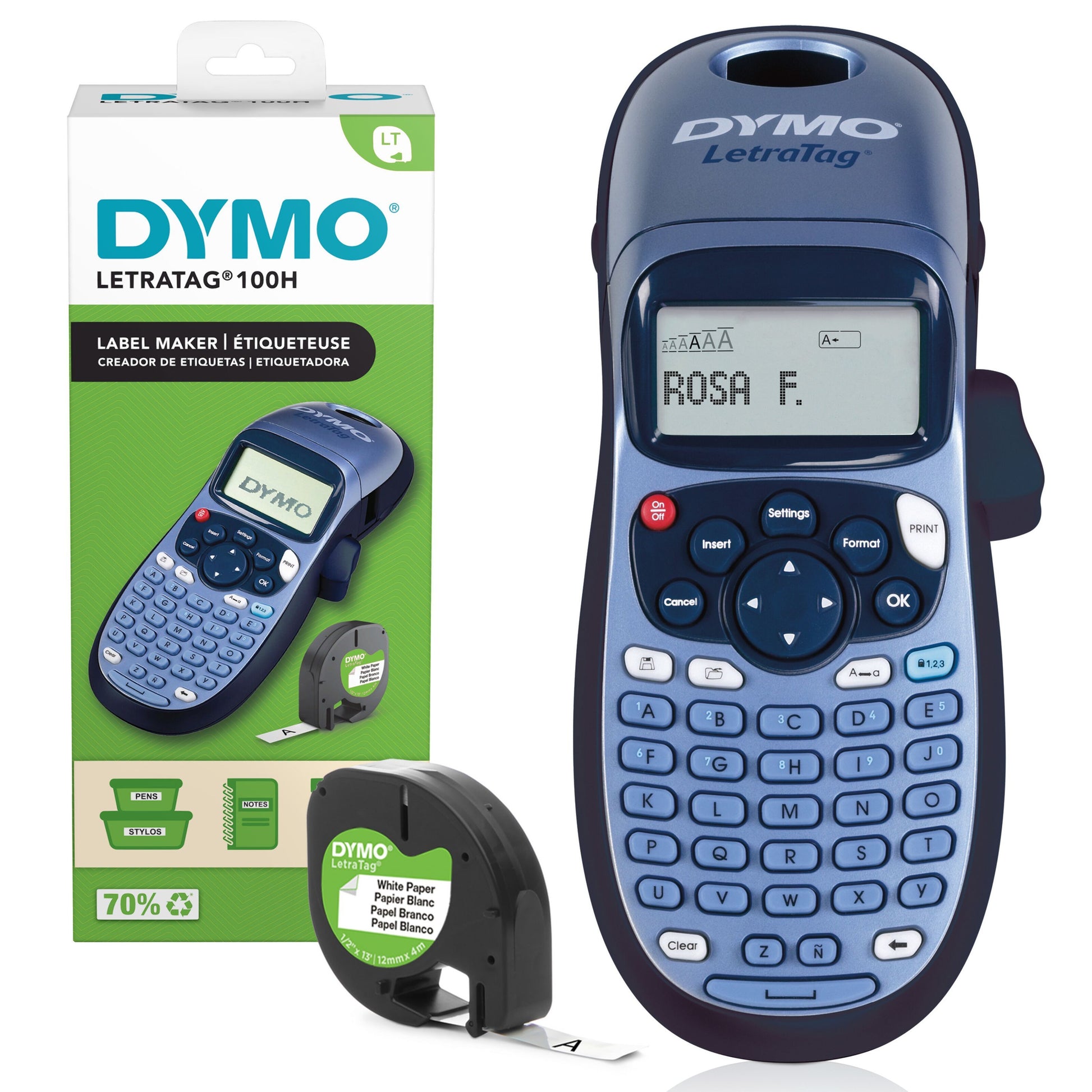 Dymo LetraTag LT-100H mærkemaskine blå med æske og LetraTag tape-patron, tekst på display: ROSA F.