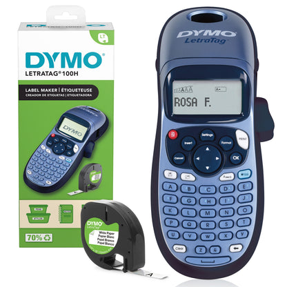 Dymo LetraTag LT-100H mærkemaskine blå med æske og LetraTag tape-patron, tekst på display: ROSA F.