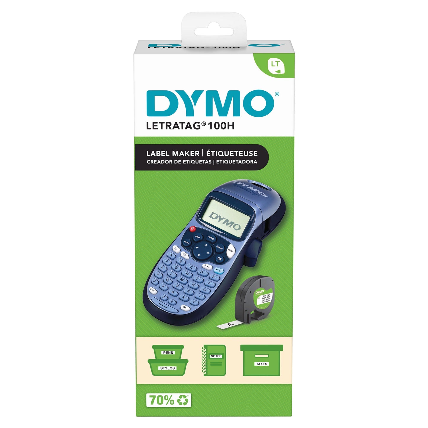 Dymo Letratag LT-100H Mærkemaskine, grøn/hvid æske, LetraTag tape med ikoner til filer/kabler/containere, eng/fr/spa tekst.