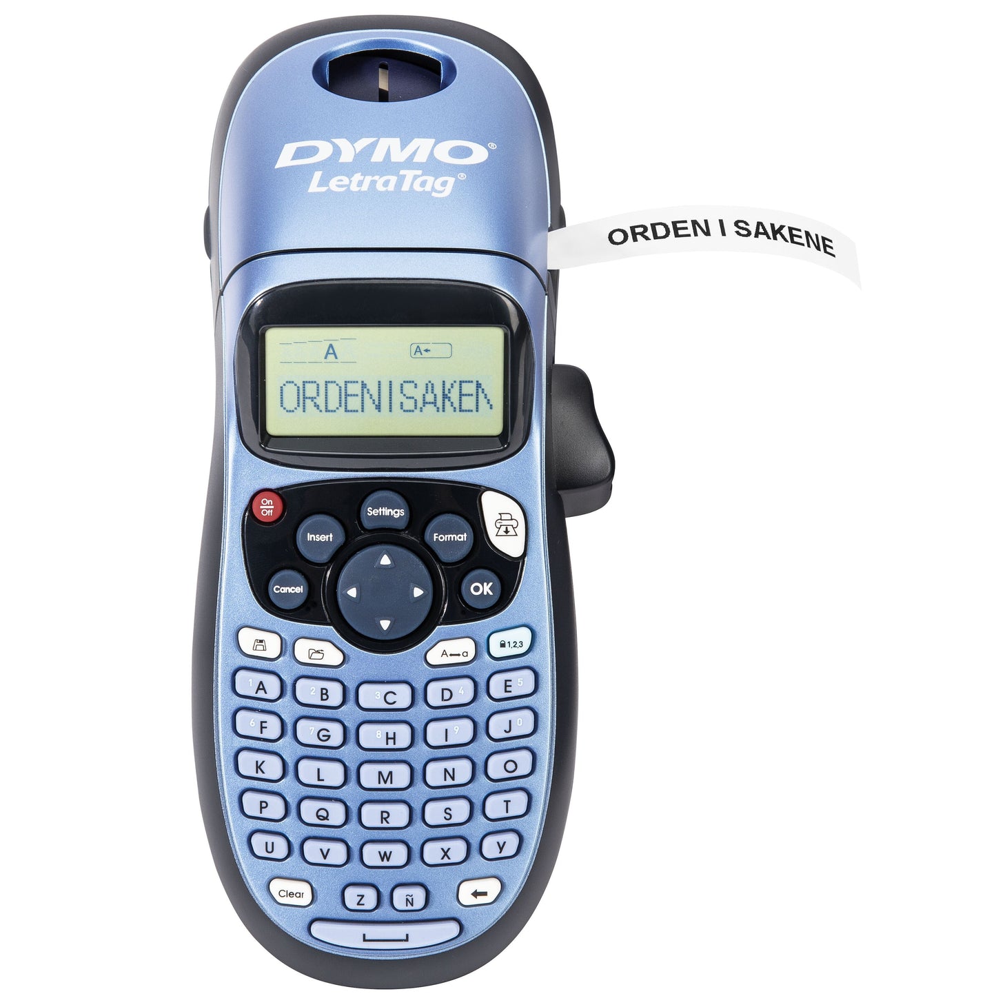 Dymo LetraTag LT-100H mærkemaskine blå/sort med LCD-skærm viser ORDENISAKEN og printer etiket ORDENE I SAKENE.