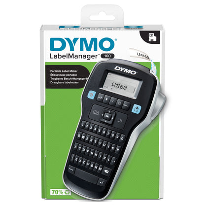 Dymo Labelmaskine 160 i grøn/hvid emballage med QWERTY-tastatur, display "LM160", D1-label kompatibel.