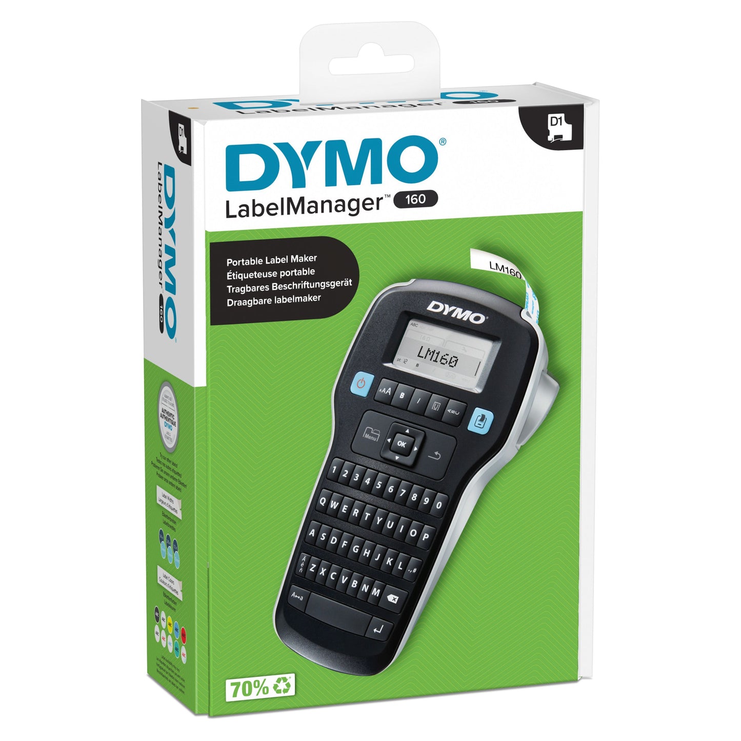 Dymo Labelmaskine 160 med QWERTY-tastatur og display i æske med blå, sort og grøn, kompatibel med D1-etiketter.