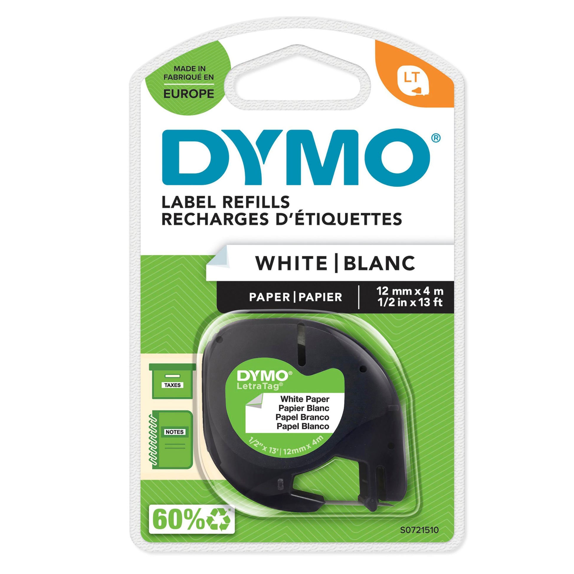 Dymo Letratag papir mærketape 12 mm, 4 meter, grøn og hvid emballage med info på engelsk og fransk.