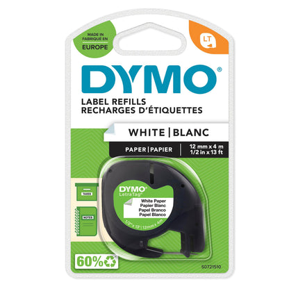 Dymo Letratag papir mærketape 12 mm, 4 meter, grøn og hvid emballage med info på engelsk og fransk.