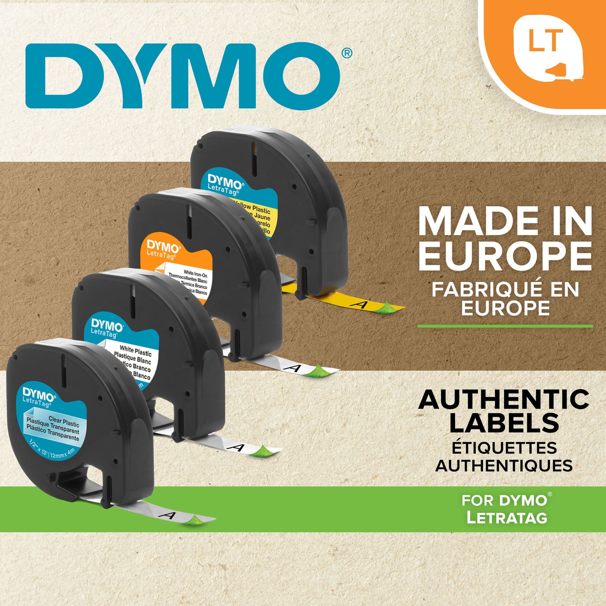 Dymo Letratag papir mærketape 12 mm, 4-pak, synligt DYMO-logo og "Made in Europe" på emballagen.
