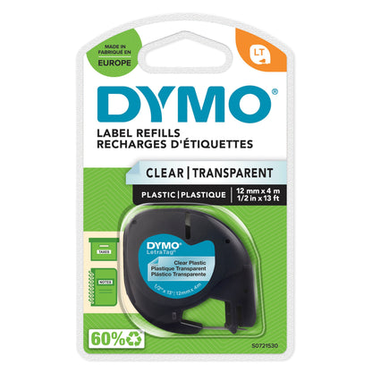 Dymo LetraTag plastmærkebånd klar 12mm x 4m i hvid-grøn emballage med engelsk og fransk tekst.