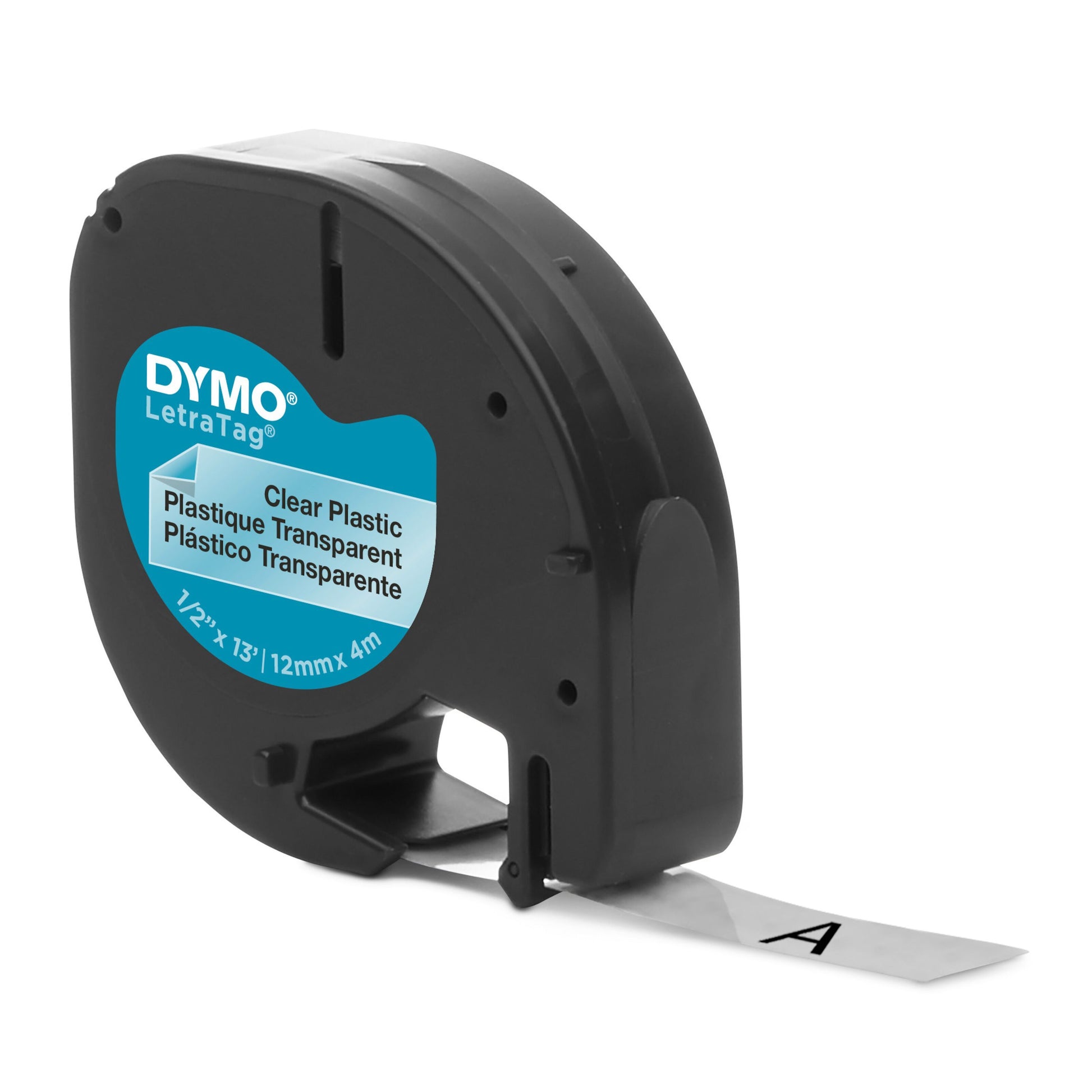 Dymo Letratag mærketape plastik 12mm klar, sort cartridge, delvist udtrukket tape med "A", info på engelsk/fransk/spansk.
