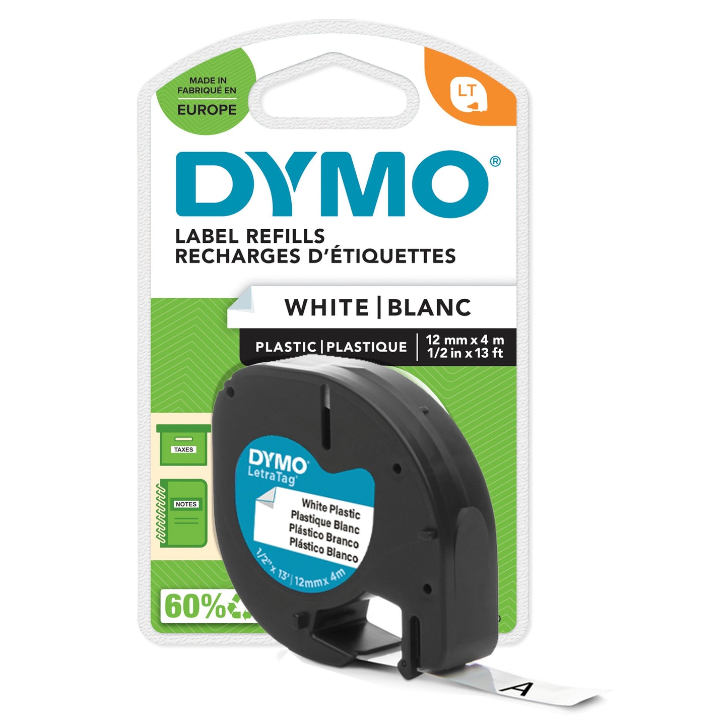 Dymo Letratag plastmærketape 12 mm x 4 m hvid til Dymo, emballage i hvid med blå og grønne detaljer.