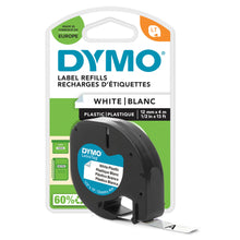 Dymo Letratag plastmærketape 12 mm x 4 m hvid til Dymo, emballage i hvid med blå og grønne detaljer.