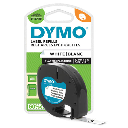 Dymo Letratag plastmærketape 12 mm x 4 m hvid til Dymo, emballage i hvid med blå og grønne detaljer.