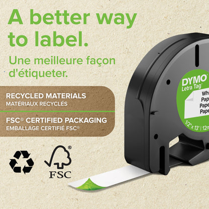 Dymo Letratag mærketape plastik 12 mm hvid patron med trykt label, FSC og genbrugslogo samt engelsk/fransk øko-tekst.