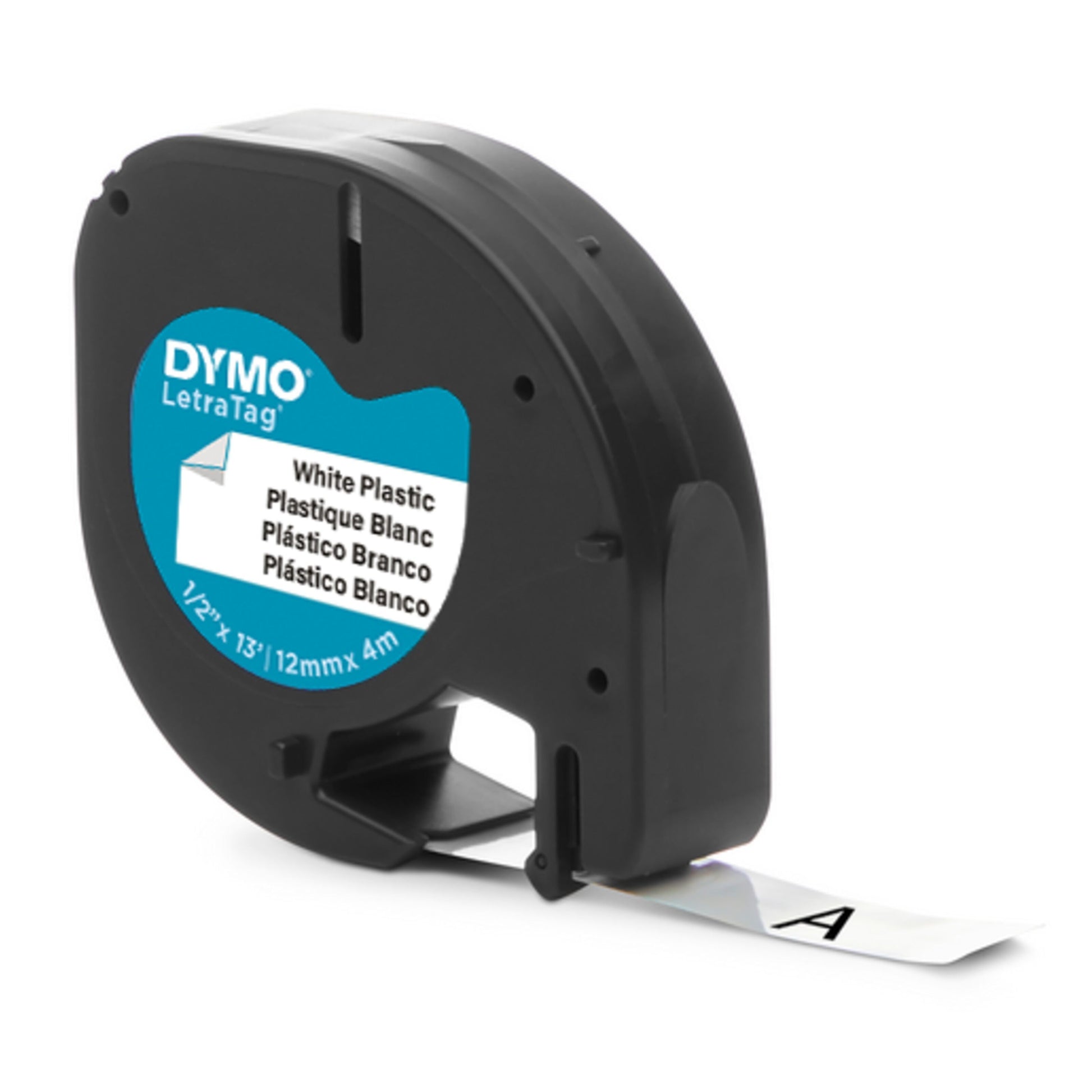 Dymo Letratag mærketape plastik 12 mm hvid til Letratag maskiner, tapen føres ud med synligt trykt bogstav A.