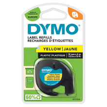 Dymo Letratag mærketape plastik gul 12mm x 4m, synlig emballage med engelsk og fransk tekst, kompatibel med Dymo.