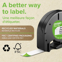 Dymo LetraTag mærketape plastik 12 mm gul, kompatibel med Dymo maskiner, emballage med FSC- og genbrugssymboler.