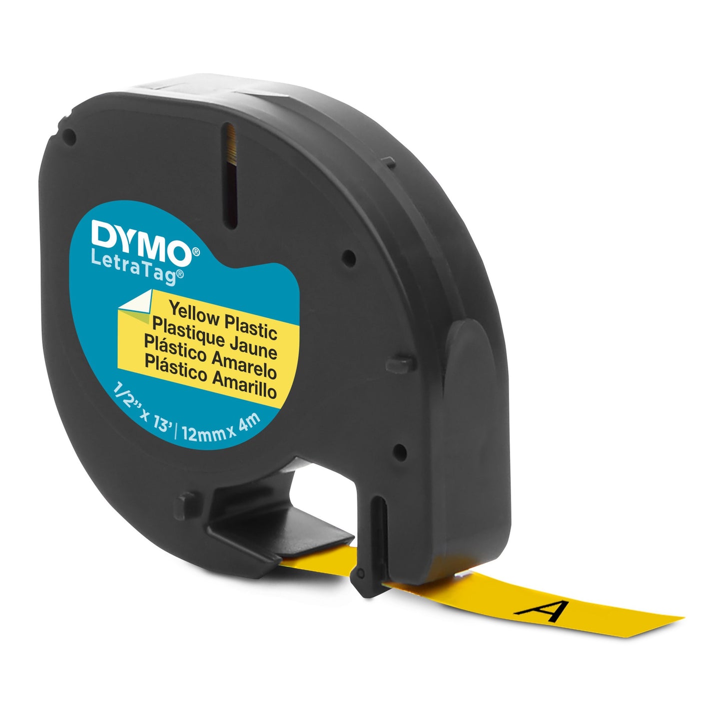Dymo Letratag plastiktape 12 mm gul, sort A vises på gul tape, sort Dymo mærkekassette.