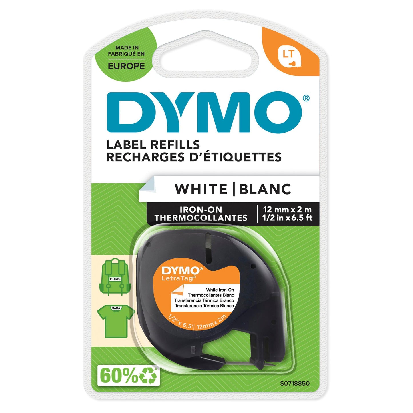 Dymo Letratape stofmærkningstape 12mm x 2m, refill-patron synlig i blister, 60 genbrugsmateriale, til Dymo labelmaskine.