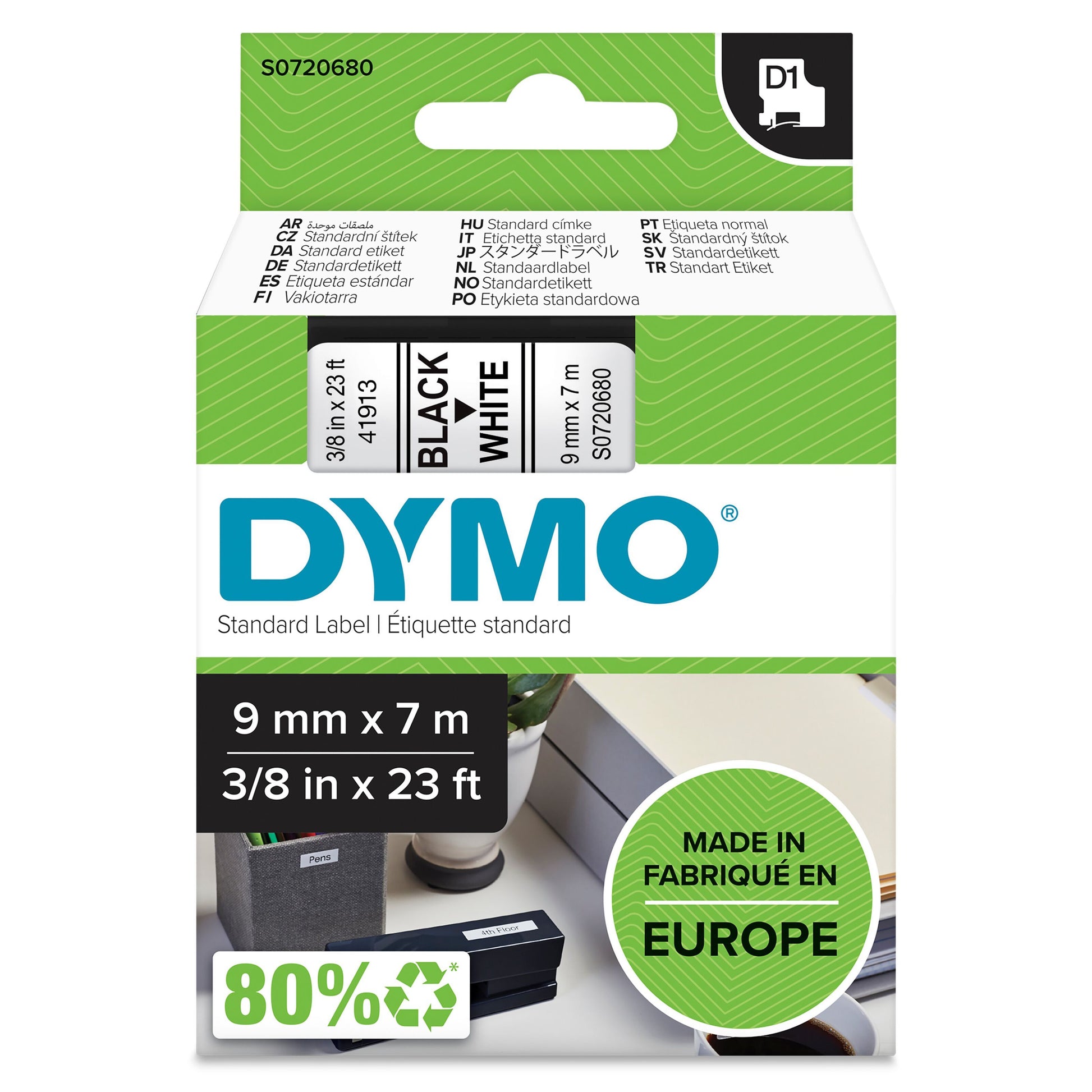 Dymo D1-mærketape 9mm hvid, sort tekst, 9m x 7mm, 80 genanvendt, Made in Europe, LabelManager-kompatibel.