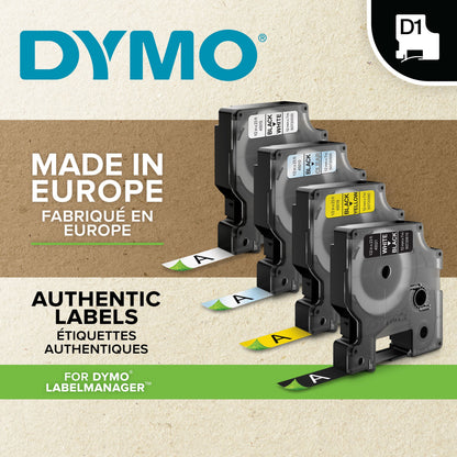 Dymo D1 mærketape 9 mm hvid, 4 kassetter med synligt DYMO logo og tekst Made in Europe, Authentic Labels.