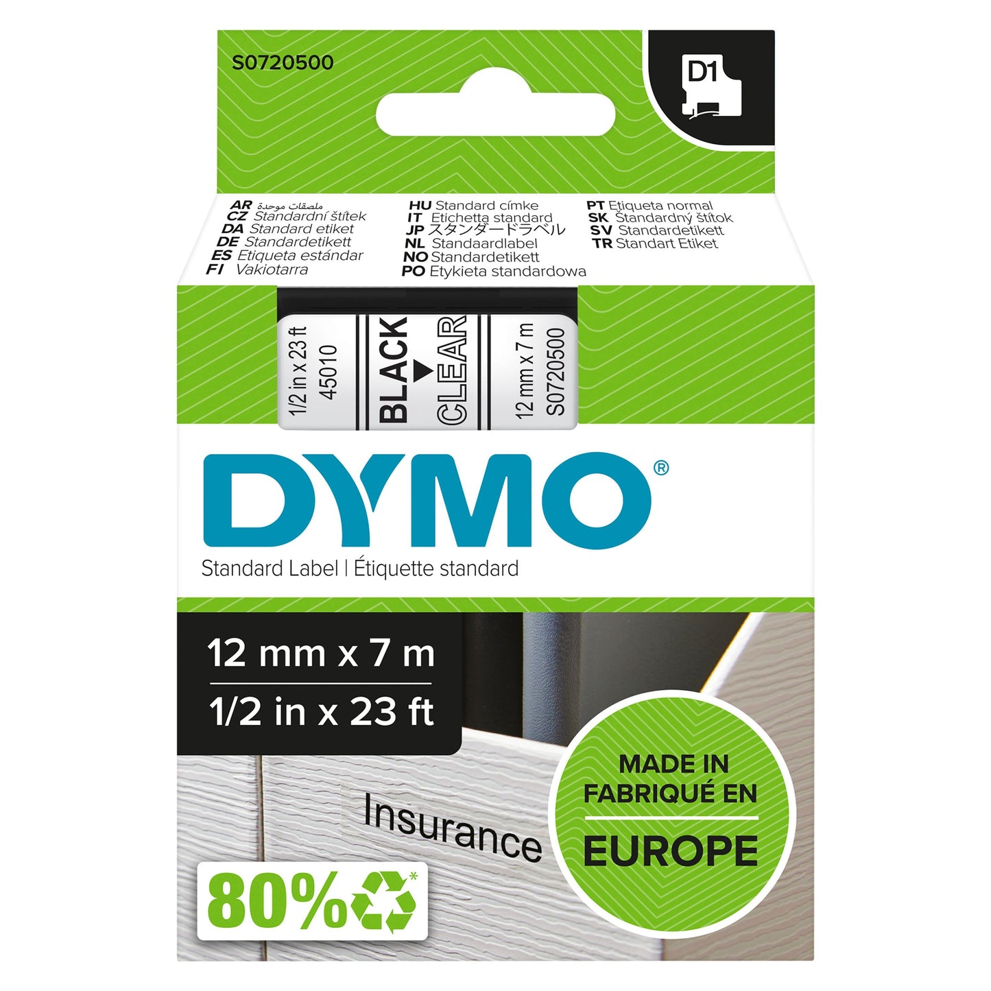 Dymo D1 tape 12mm x 7m, sort på klar, grøn og hvid æske med "MADE IN EUROPE" og "80 recycled.