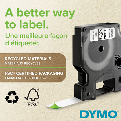 Dymo D1 tape 12 mm Klar, kassette med tekst "A better way to label", FSC og genanvendt ikon på beige emballage.