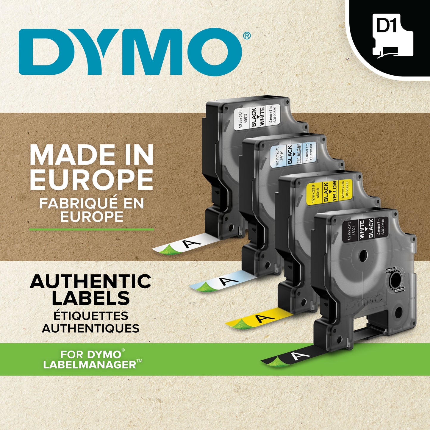 Dymo D1 labeltape, 12 mm klar, 4 stk i diagonal række, tekst: Made in Europe og Authentic Labels til DYMO LabelManager.