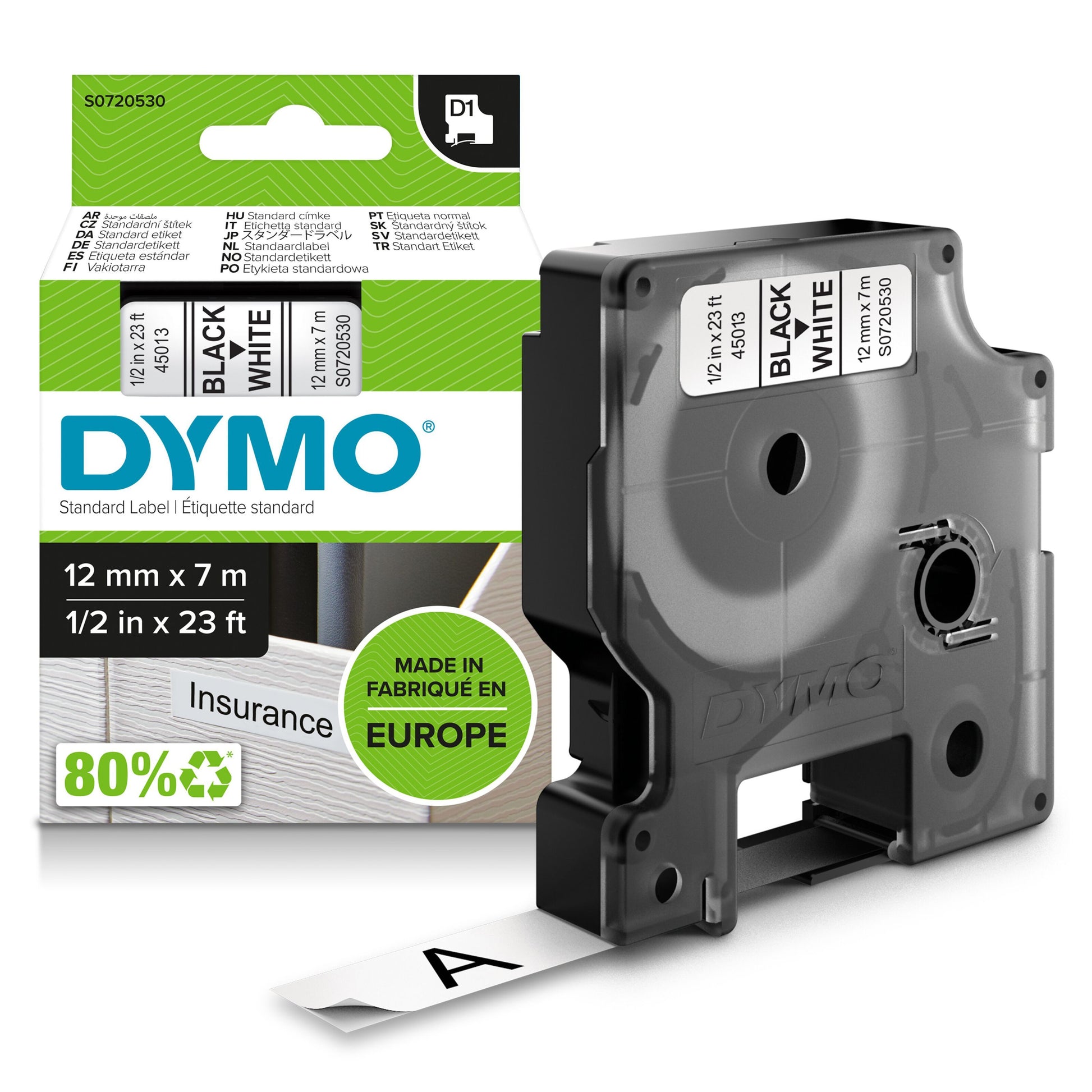 Dymo D1 mærketape 12 mm hvid med sort tekst, 12 mm x 7 m, til LabelManager, "Insurance" printet på tapen.