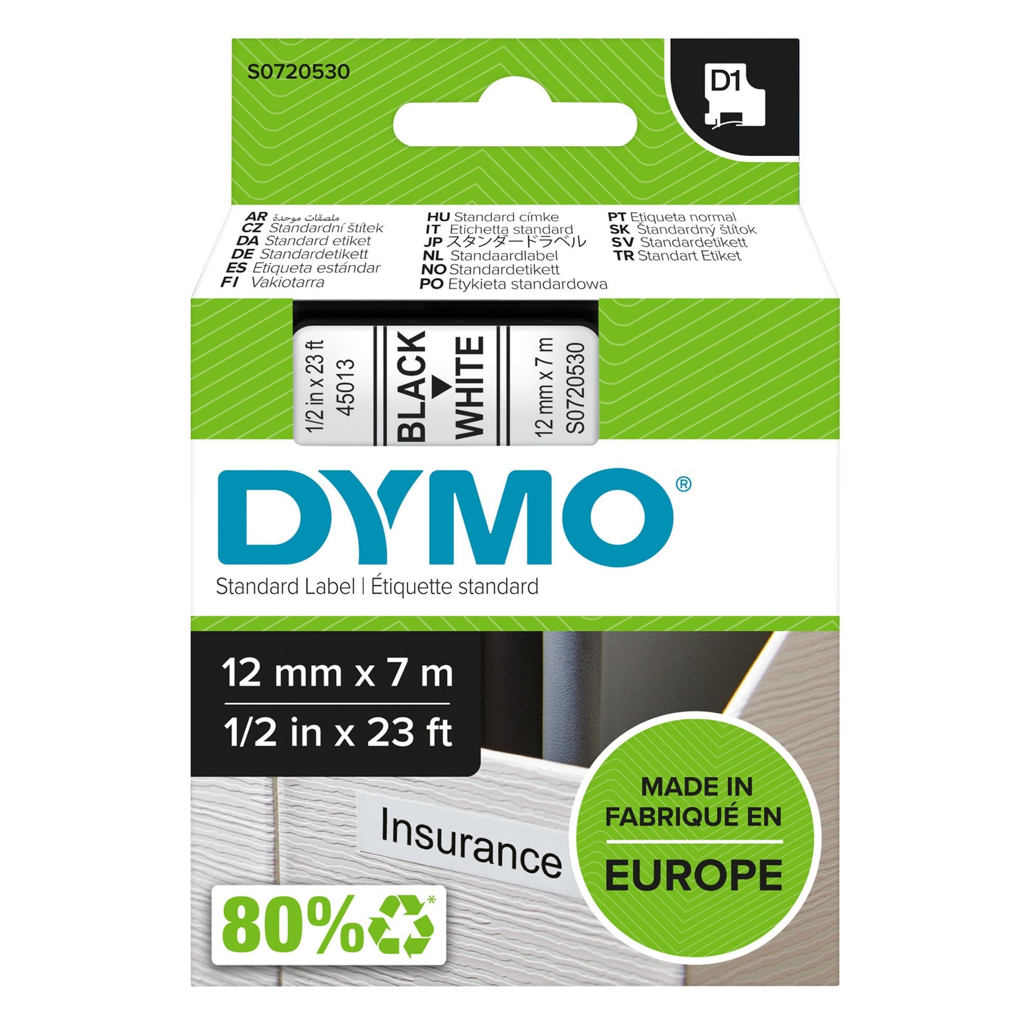 Dymo D1 mærketape 12 mm x 7 m sort på hvid, grønne ikoner: forsikring, 80, Made in Europe, flersproget tekst.
