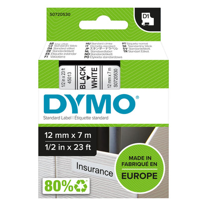 Dymo D1 mærketape 12 mm x 7 m sort på hvid, grønne ikoner: forsikring, 80, Made in Europe, flersproget tekst.