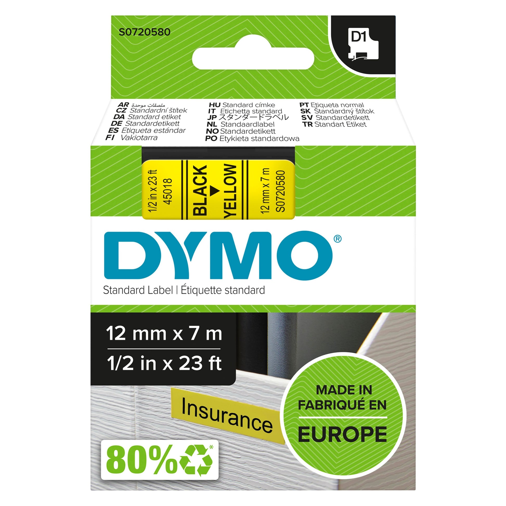 Dymo D1 tape 12 mm gul med sort tekst til LabelManager printere, lavet i Europa af 80 genbrugspapir.