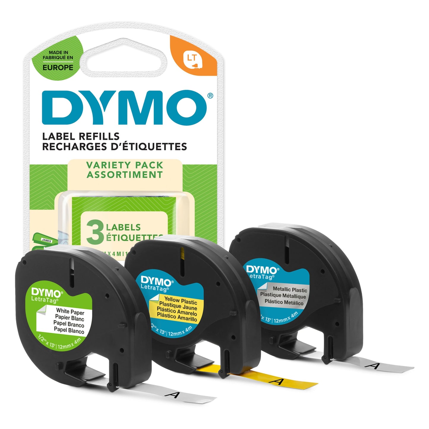 Dymo LetraTag mærketape 3-pak: hvid papir, gul plast, metalplast, hver patron med prøvetiket synlig.