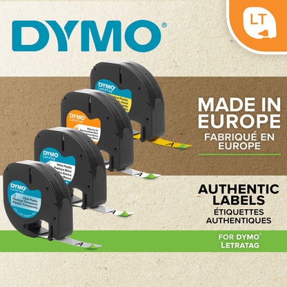 DYMO LetraTag mærketape 3-pak, 12 mm: gul plast, hvid strygepå, hvid plast, Made in Europe.