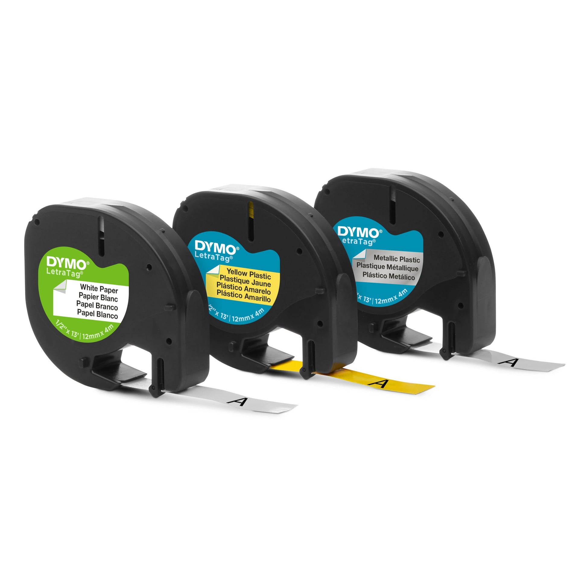 Dymo Letratag mærketape 3-pak, 12 mm, hvid papir, gul plast og metallisk plast med prøveklistermærker.