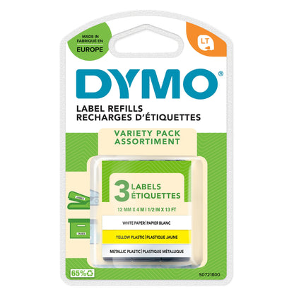 Dymo LetraTag mærketape 3-pak, 12 mm, hvid papir, gul plast, metallic plast, lavet i Europa, til LetraTag labelmaskiner.