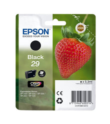 Epson T2981 blækpatron sort med jordbærmotiv, Epson 29, til Expression Home XP, info og kompatible printere på emballagen.