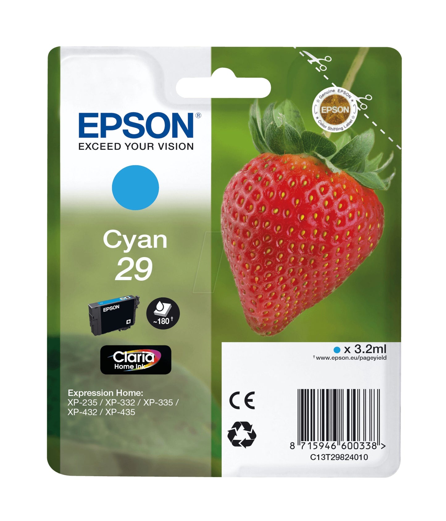 Epson T2982 blækpatron cyan med stort jordbærmotiv og Epson-logo, kompatibel med Expression Home XP-printere.