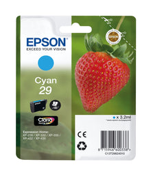 Epson T2982 blækpatron cyan med stort jordbærmotiv og Epson-logo, kompatibel med Expression Home XP-printere.