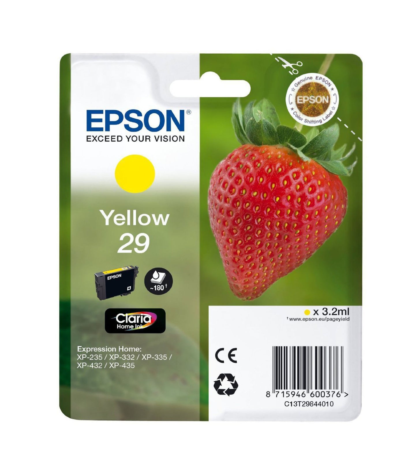 Epson T2984 blækpatron gul, stor jordbærgrafik, produktspecifikationer, printerkompatibilitet, stregkode, Epson logo.