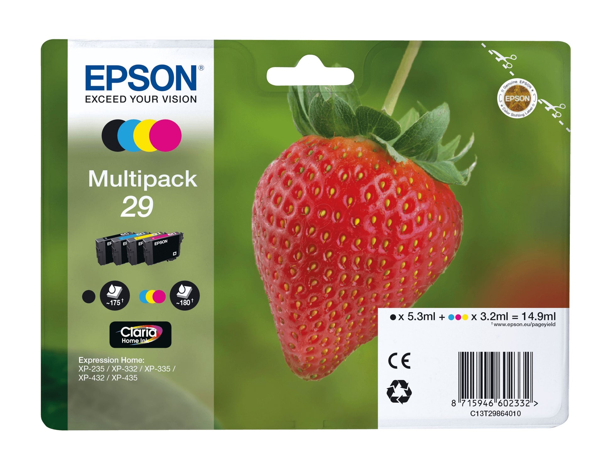 Epson T29 blækpatron 4-pakke æske med stort jordbærmotiv, grøn baggrund, farveikoner, produktinfo og stregkode.