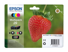 Epson T29 blækpatron 4-pakke æske med stort jordbærmotiv, grøn baggrund, farveikoner, produktinfo og stregkode.