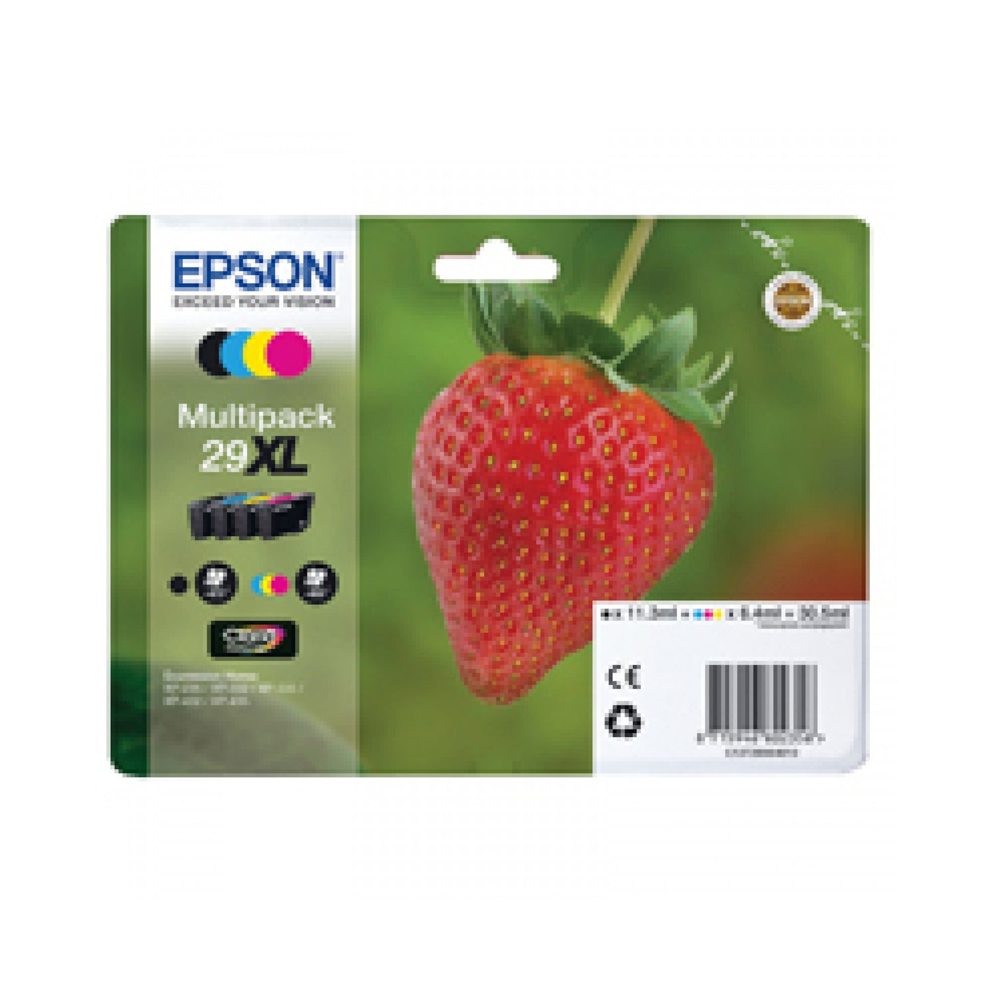 Epson T2996 XL blækpatron 4-pakke, emballage med stort jordbærmotiv, farveikoner og produktinfo på forsiden.