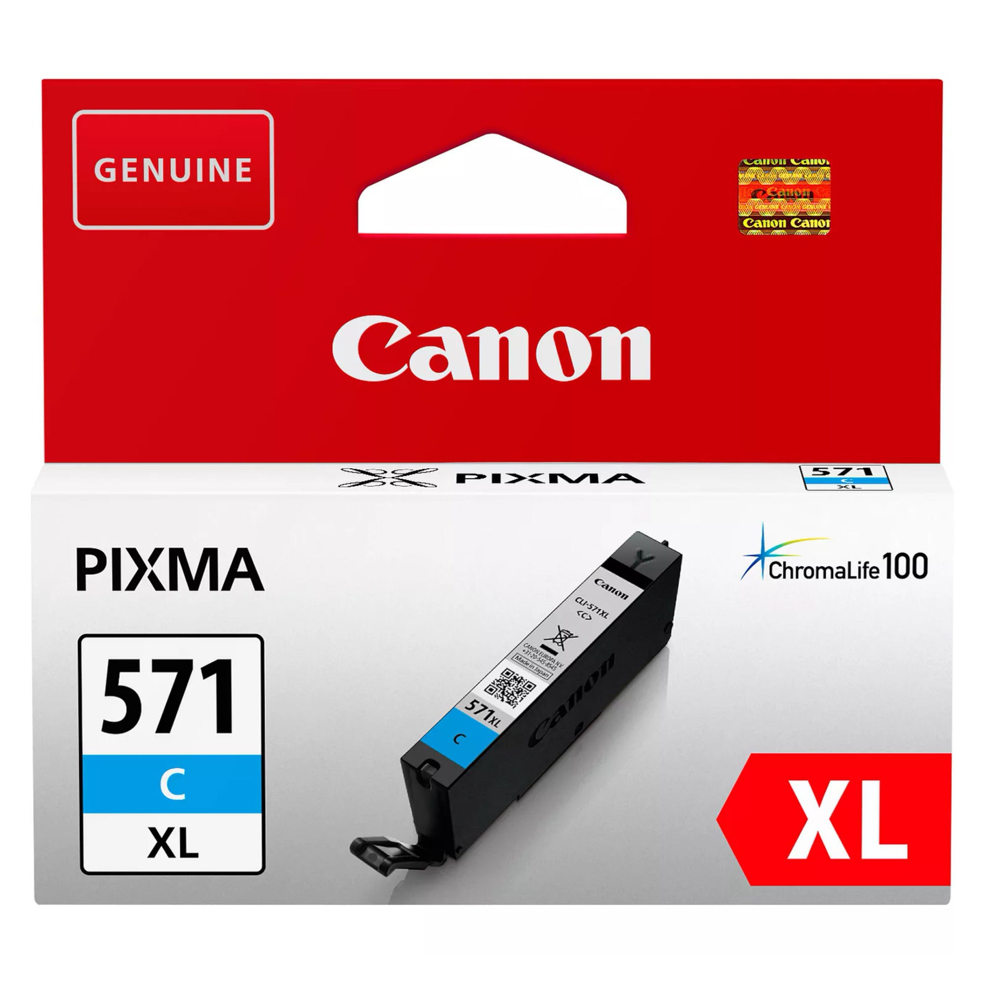 Canon CLI-571 XL blækpatron cyan i rød og hvid æske med Canon-logo og modeloplysninger.