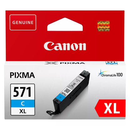 Canon CLI-571 XL blækpatron cyan i rød og hvid æske med Canon-logo og modeloplysninger.