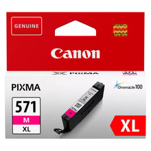 Canon CLI-571 XL blækpatron magenta i rød-hvid retail emballage med Genuine-mærkat og ChromaLife100-logo.