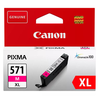 Canon CLI-571 XL blækpatron magenta i rød-hvid retail emballage med Genuine-mærkat og ChromaLife100-logo.
