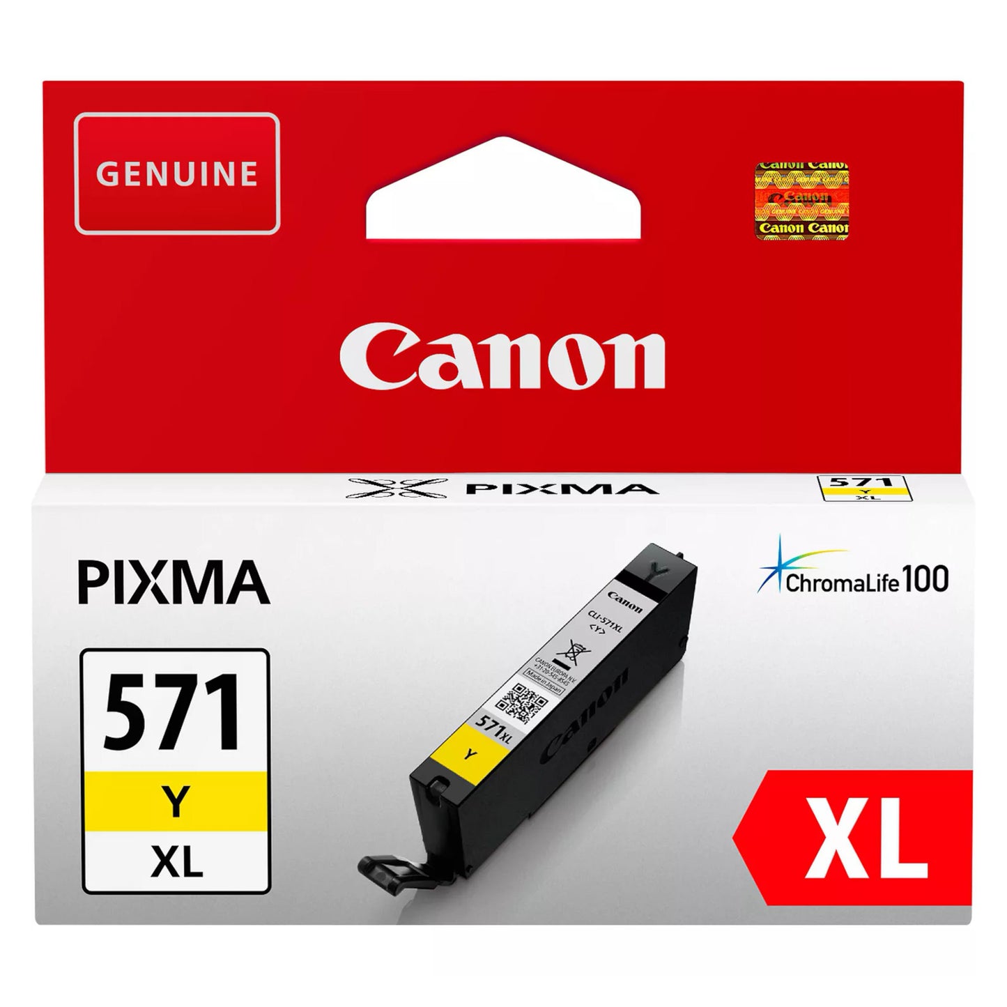 Canon CLI-571 XL blækpatron gul i rød, hvid og gul æske med "Genuine" og "ChromaLife100", patron vist nederst.