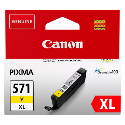 Canon CLI-571 XL blækpatron gul i rød, hvid og gul æske med "Genuine" og "ChromaLife100", patron vist nederst.